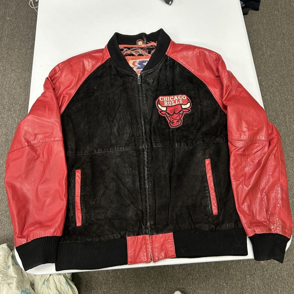 Starter Chicago Bulls Jacket Mens L Black Red Leather Suede Vintage Bomber NBA